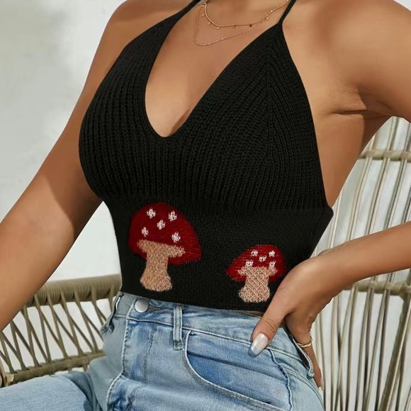 Womens Halter Crop Top Knit Large L Black Red Stretch Backless Mushroom … - Picture 4 of 16